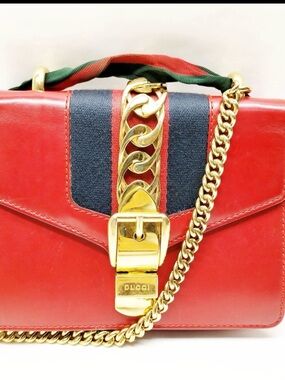 Gucci Sylvie Medium Top Handle Bag (Red Leather) Chain Shoulder Bag